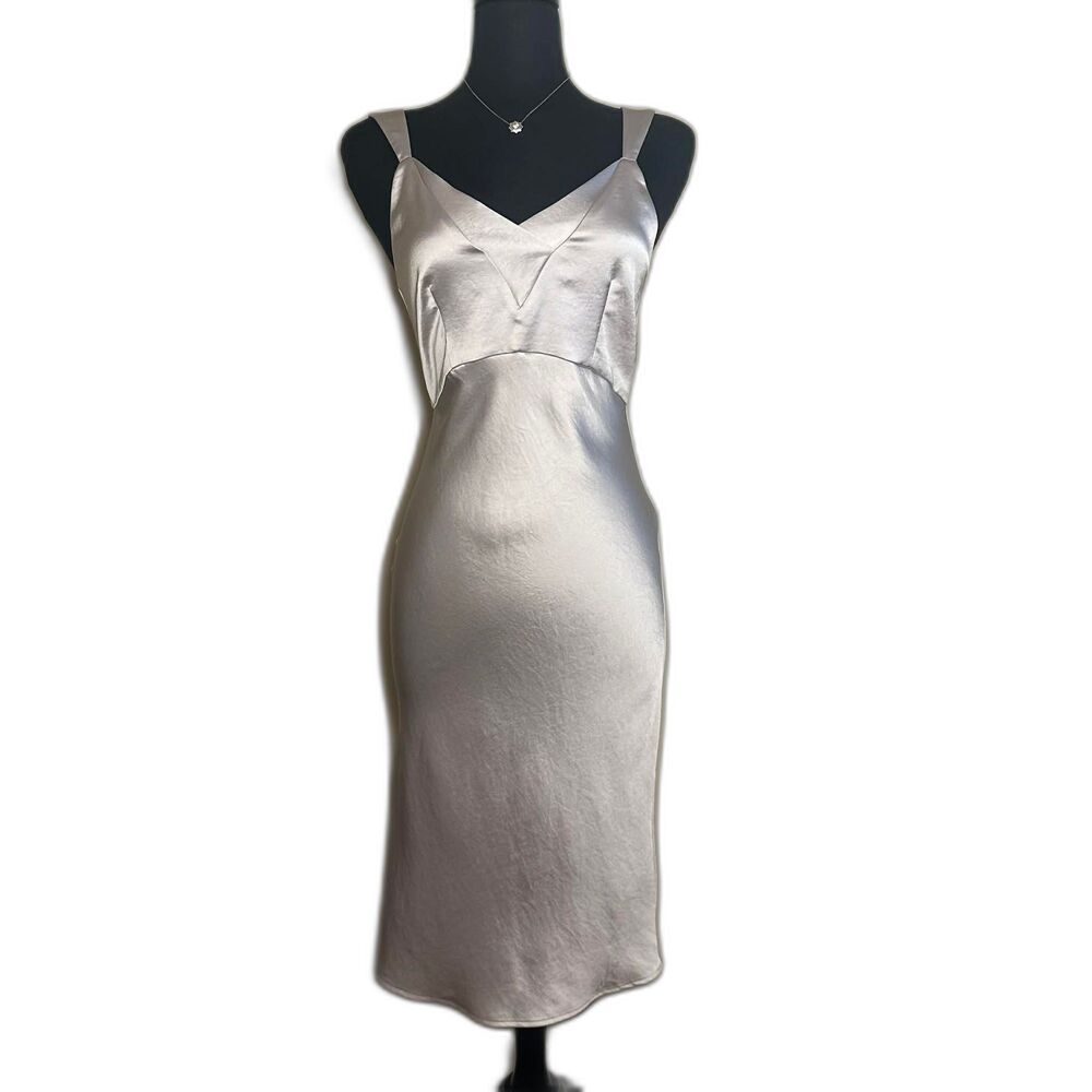Express Silver Satin Midi Dress - Size Small - Sleek V-Neck Slip Style S/P